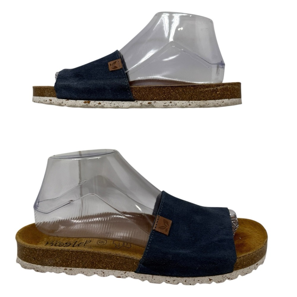 Bio Step Women's Leather Suede Wedge Slide Sandals Size 9 Blue Open Toe Slip On